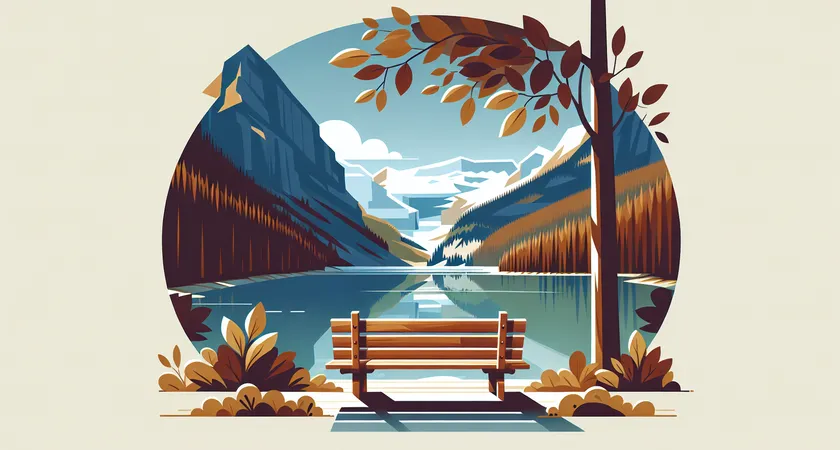A wooden bench beside a mountain lake in summer