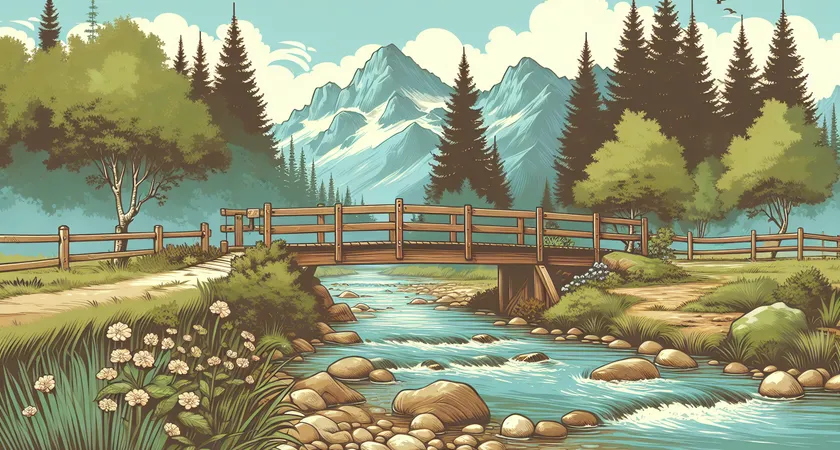 A wooden bridge over a clear mountain stream