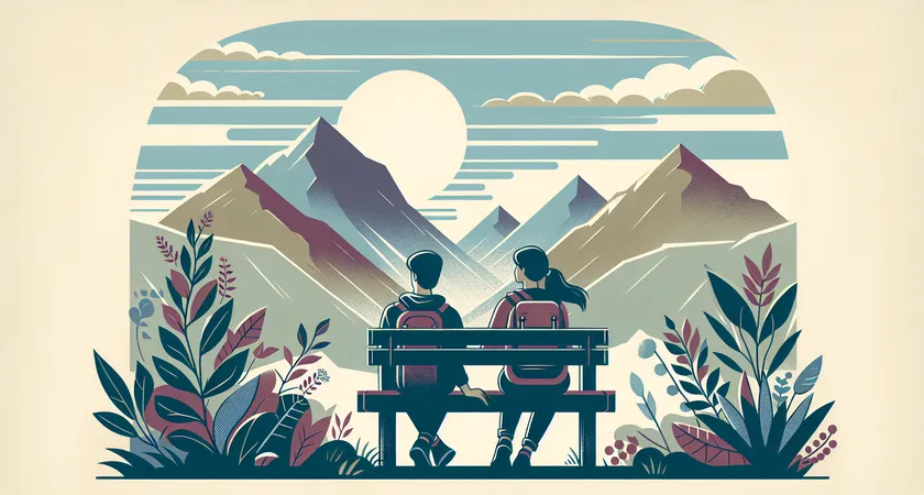 Hikers sitting on a bench looking at mountains