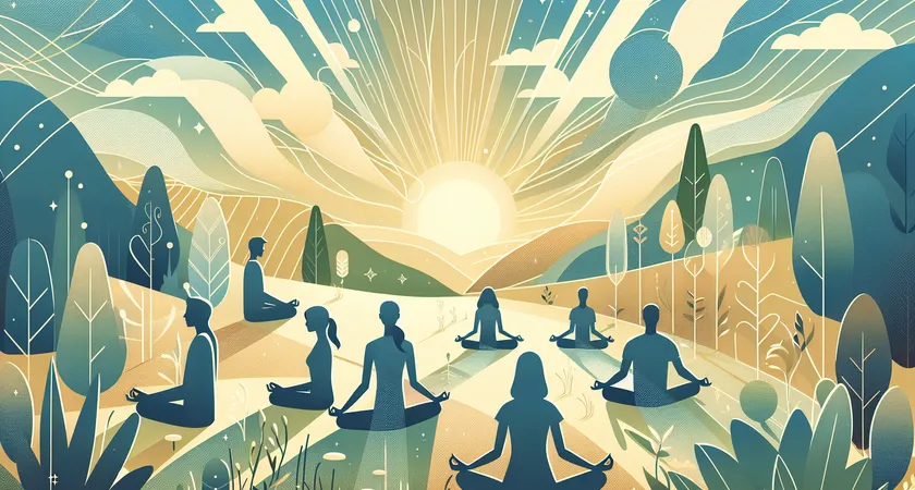 A group meditating in a sunlit alpine meadow