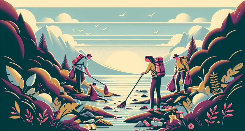 Hikers carrying backpacks and picking up litter beside a trail