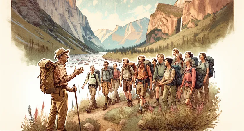 Un groupe de randonneurs guidé par un accompagnateur souriant