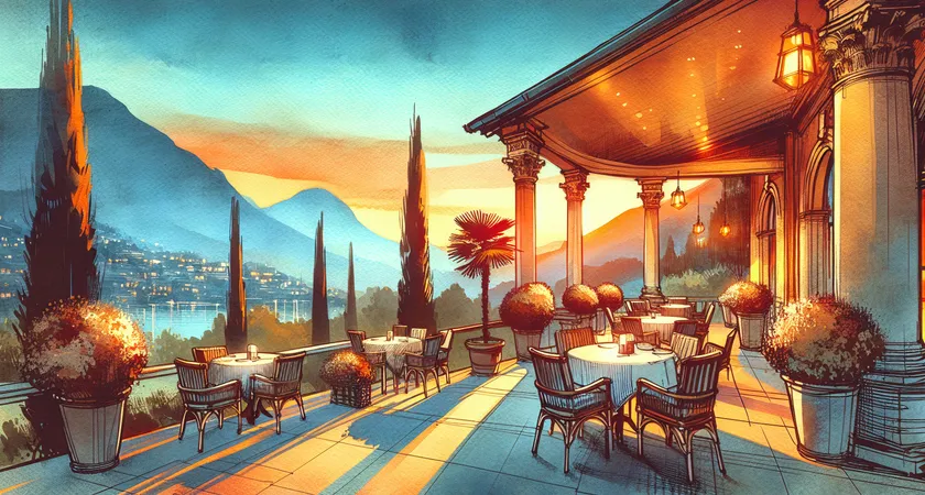 Une terrasse chaleureuse avec vue sur la montagne au soleil couchant