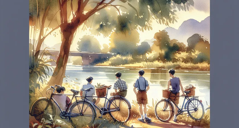 Des cyclistes se reposant près d’une rivière