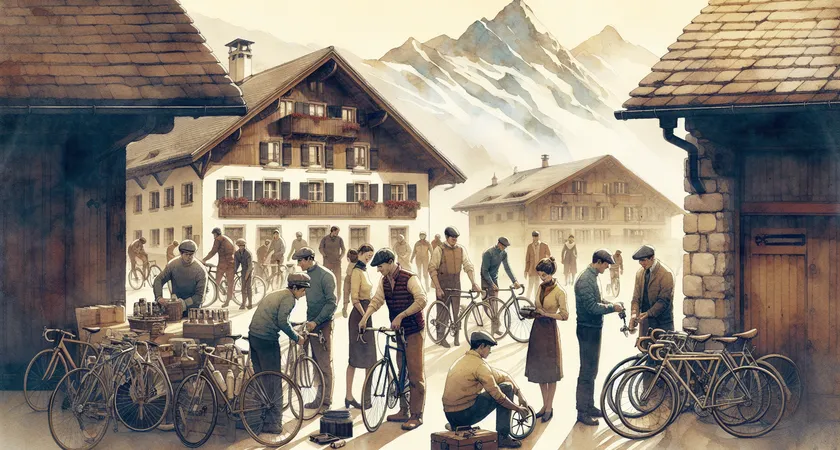 Un groupe de personnes préparant des vélos devant un chalet alpin
