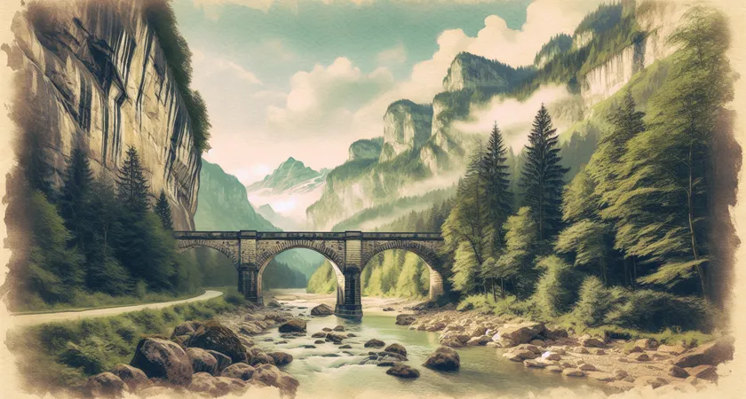 Un pont de pierre surplombant une rivière en montagne