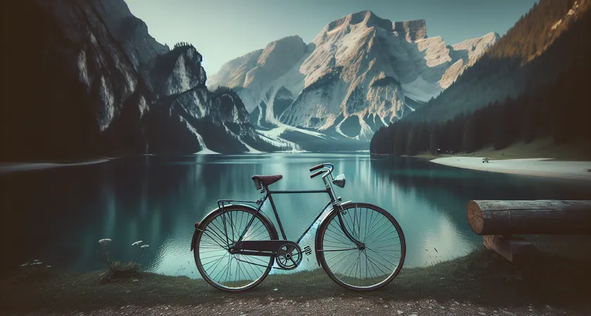 Un vélo posé près d’un lac alpin