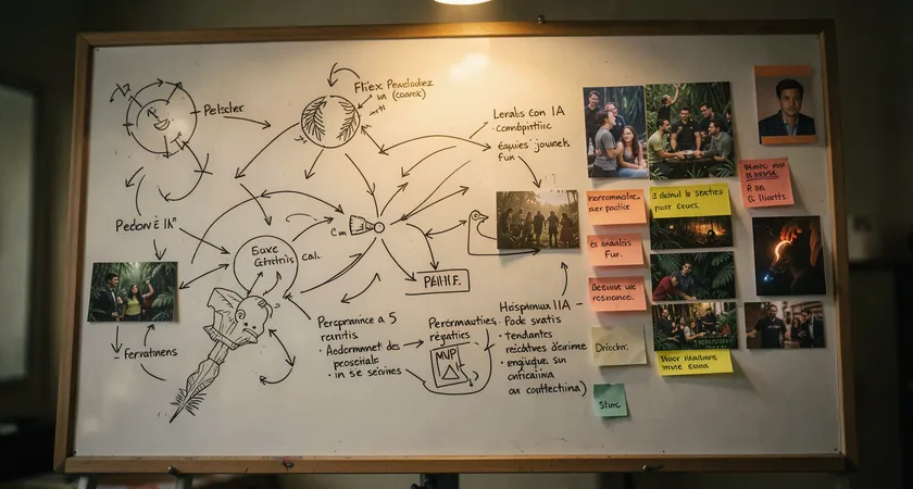 Gros plan sur un tableau blanc, eclairé par un spot halogene chaud. Des schemas de jungle routing, des fleches de rotations d'objectifs et des photos de composition d'equipe sont dessines au feutre, avec des post-it aux codes couleur organises sur le cote