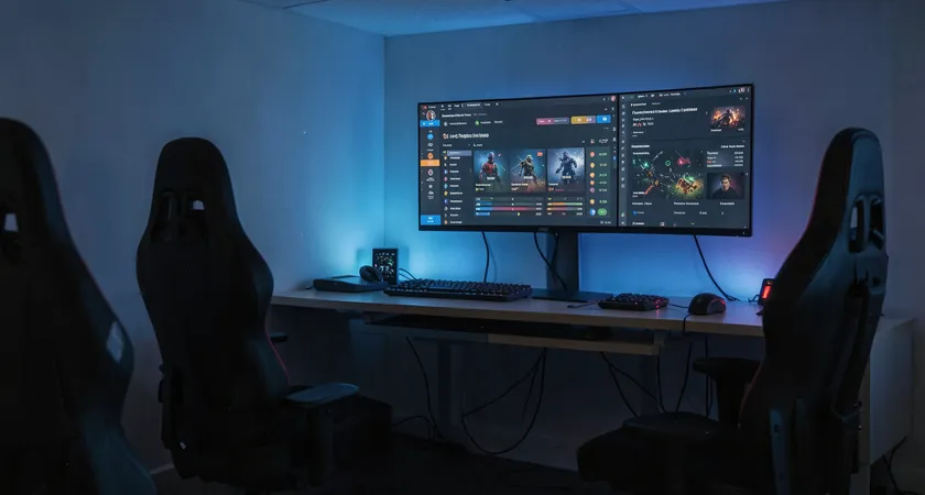 Vue d'ensemble d'un espace commun d'equipe, tard le soir. Les chaises de gaming sont vides, un seul ecran montre le profil d'equipe sur un leaderboard avec des stats mises a jour, la lumiere bleue de l'ecran illuminant les murs
