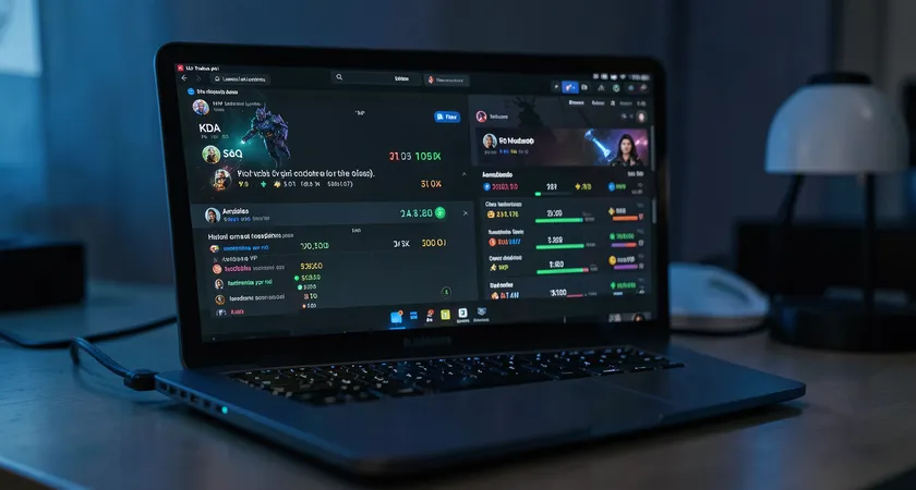 Una captura de pantalla de un análisis de partida mostrada en un portátil, con dos columnas claramente diferenciadas: estadísticas de SoloQ a la izquierda (KDA alto, daño bajo) y estadísticas de Flex a la derecha (KDA moderado, daño en objetivos altísimo). El ratón descansa junto al trackpad, luz de monitor azulada en una habitación a oscuras