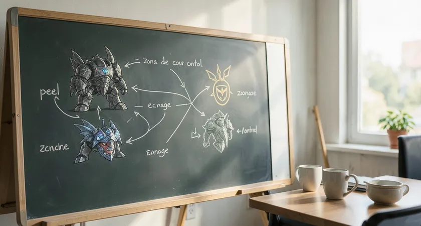 Un diagrama dibujado a mano en una pizarra de oficina, mostrando flechas entre iconos de campeones (un tanque, un ADC, un mago). Las flechas están etiquetadas con conceptos como "peel", "engage", "zona de control". La pizarra está iluminada por la luz natural de una ventana, se ven tazas de café en una mesa cercana