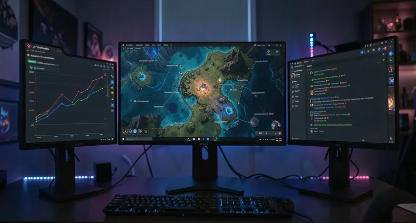 Primer plano de tres monitores de juego en una configuración de battlestation. En el monitor central se ve un mapa del Abismo de los Lamentos con anotaciones tácticas superpuestas. El monitor izquierdo muestra un gráfico de líneas de daño por minuto del equipo. El derecho tiene una ventana de chat de Discord. Luz RGB tenue, ambiente de juego concentrado