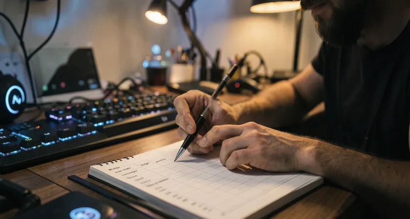 Fotografía de un jugador tomando notas en un cuaderno cuadriculado tras una partida. Se ven columnas con títulos como "Mi tempo", "Tempo equipo", "Objetivo perdido". Una mano sostiene un bolígrafo, al fondo se ven periféricos de gaming, iluminación cálida de un flexo en un escritorio desordenado