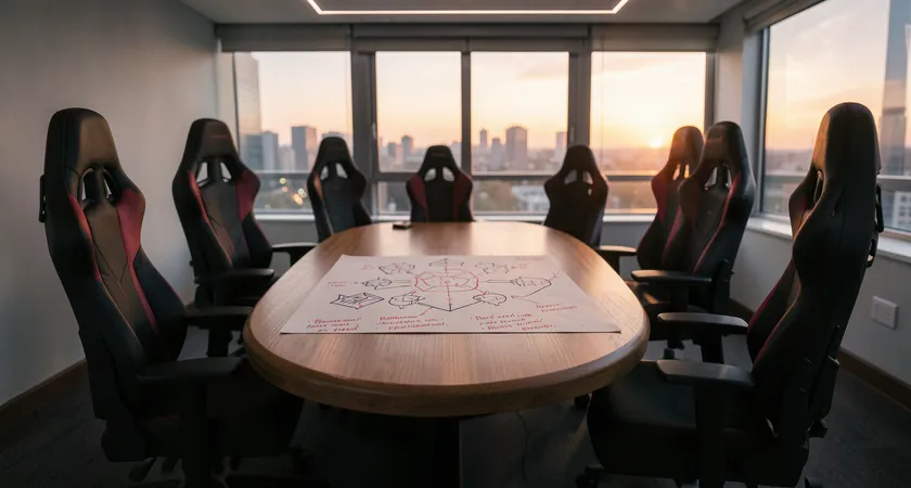Vista cenital de cinco sillas de gaming vacías alrededor de una mesa en forma de herradura. En el centro de la mesa hay un diagrama impreso de un draft de campeones con notas en lápiz rojo. Luces LED del techo apagadas, solo entra la luz del atardecer por una ventana grande, ambiente de espera antes de una partida