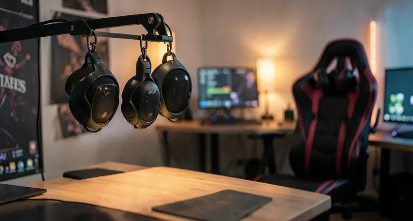 Vue en contre-plongée sur trois casques micros suspendus à un support sur un bureau, un quatrième en arrière-plan posé sur un siège gaming, ambiance de home studio avec lumière chaude et filtre pop acoustique au mur