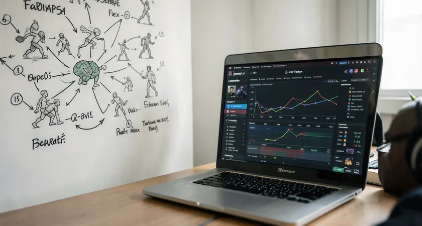 Plan serré sur un tableau blanc couvert de schémas de flux de combat, de flèches et de chiffres écrits au marqueur, juxtaposé à un écran d'ordinateur portable affichant des graphiques de données de performance de jeu, lumière de bureau neutre