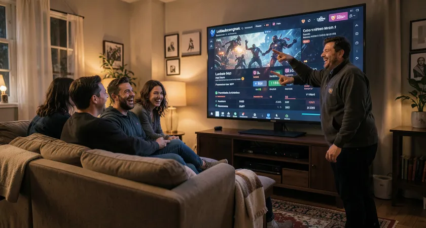 Plan moyen dans un salon cosy, trois personnes assises sur un canapé discutant et riant, une quatrième debout pointant vers un grand écran TV où s'affiche un tableau des scores d'une ligue esport amateur, ambiance chaleureuse de fin de soirée