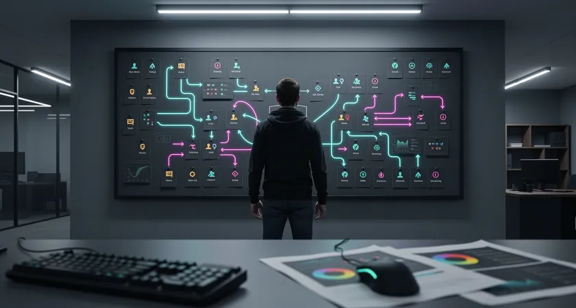 Silhouette d'une personne debout, vue de dos, observant un grand tableau d'affichage avec des fiches de joueurs et des diagrammes de flux de jeu épinglés, la pièce est un bureau professionnel sobre, éclairé par des néons