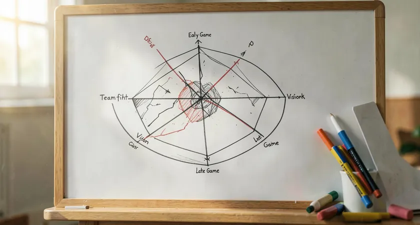 Representación visual de datos: gráfico de radar dibujado en una pizarra blanca mostrando cinco ejes (Early Game, Teamfight, Objective Control, Vision, Late Game) con el perfil de un equipo claramente marcado, destacando en dos áreas, rotuladores de colores y borrador a un lado, luz natural de mañana