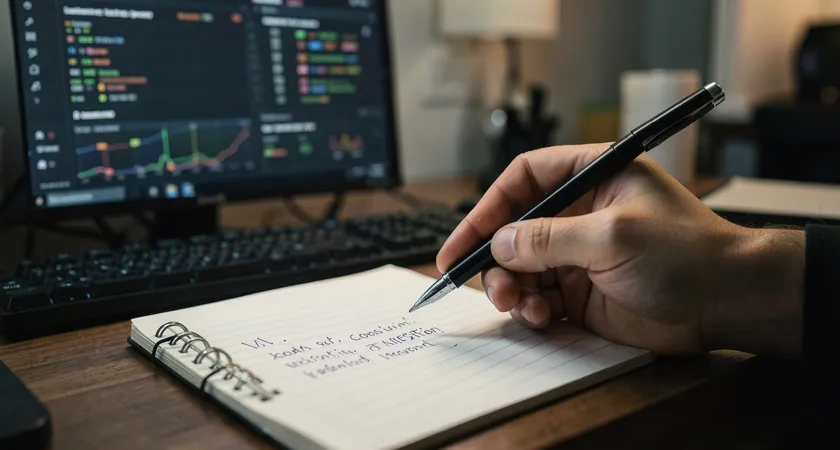 Dos manos, una señalando una estadística concreta en una pantalla de análisis complejo, la otra sosteniendo un bolígrafo que apunta a una anotación sobre un cuaderno de papel rayado, enfoque en la conexión entre el dato y la conclusión escrita, claroscuro dramático de luz de escritorio, sensación de descubrimiento