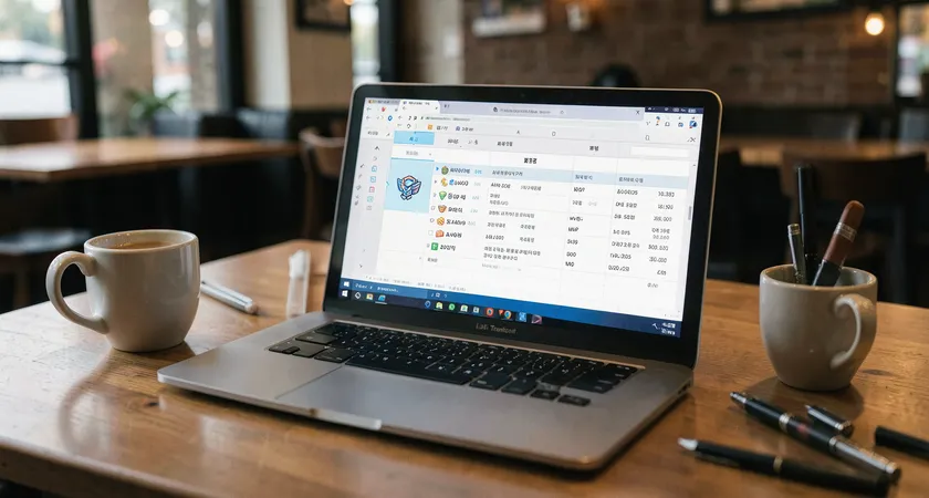 카페의 커다란 테이블에 놓인 노트북 화면에 구글 스프레드시트가 열려 있음, 시트에는 챔피언 아이콘과 승률, 약점이 표로 정리되어 있고, 주변에 커피 잔과 흩어진 펜이 놓여 있음, 배경은 흐릿한 카페 인테리어