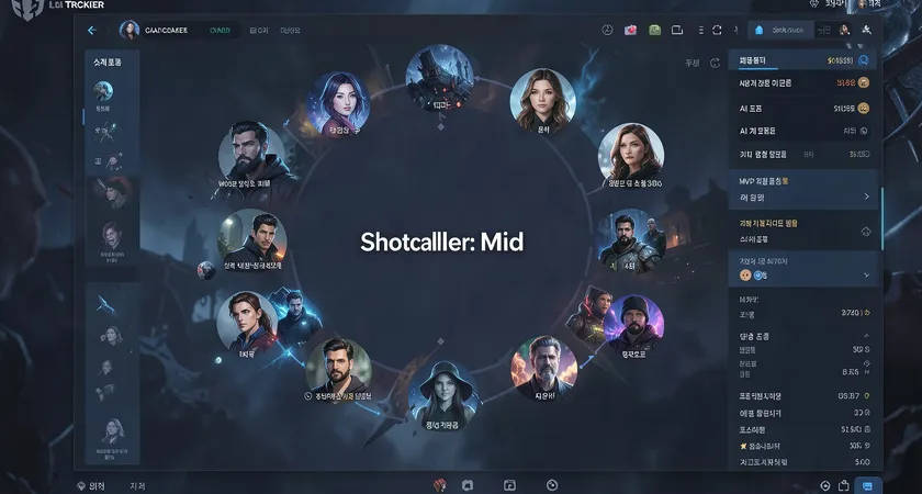 디스코드 음성 채팅 화면의 스크린샷처럼 구성된 그래픽, 여러 개의 아바타와 닉네임이 원형으로 배치되고, 중앙에 'Shotcaller: Mid'라고 텍스트로 표시됨, 전체적인 색조는 파란색과 검정색, 디지털 감성