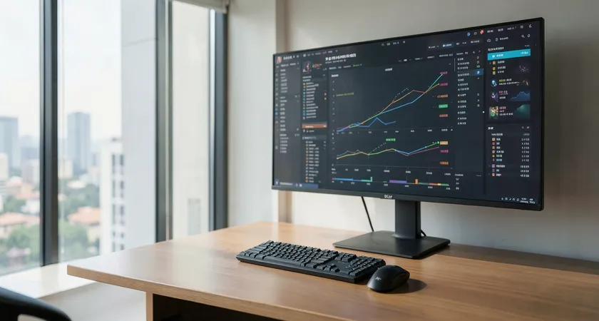 넓은 창가가 있는 오피스 공간, 빈 책상 위에 고급스러운 무선 키보드와 마우스만이 놓여 있고, 벽면에 걸린 대형 모니터에는 복잡한 데이터 대시보드(그래프와 차트)가 띄워져 있음, 자연광이 실내를 채우고 있으며, 전체적인 분위기는 청량하고 전문적