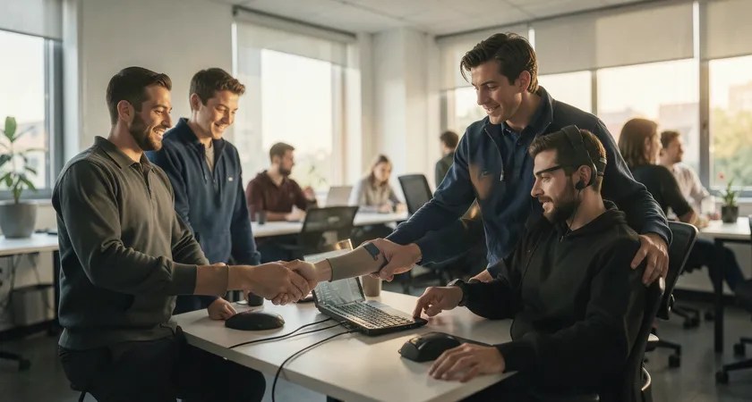 Vue serree en contre-plongee sur la table de coordination d'une equipe esport amet pendant une session. Cinq ecrans de jeux allumes, un sixieme affichant des donnees et des graphiques, des notes manuscrites sur un bloc, une lumiere bleutee d'ecran dominant la piece