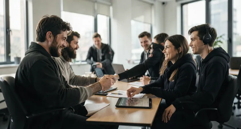 Deux joueurs analysant un replay sur un grand ecran plat. L'un pointe un moment precis de la carte du jeu avec un stylo laser, pendant que l'autre consulte des donnees de degats et de vision sur une tablette, ambiance concentree de salle de review