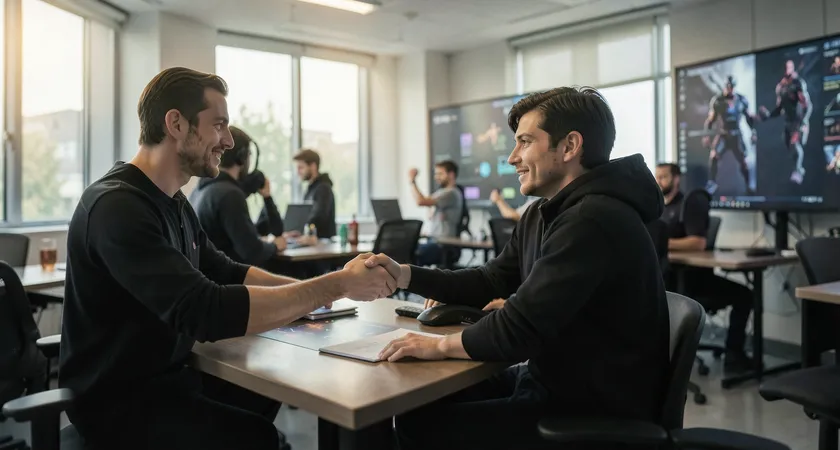 Interface fictive sur grand ecran projetant des visualisations de donnees d'equipe. Un graphique radar compare cinq joueurs sur des metriques de vision, de pression et d'objectifs, avec un graphique de tendance de winrate en arriere-plan