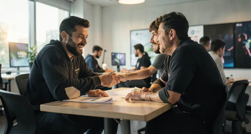 Vue aérienne d'une table de cuisine recouverte de carnets de notes ouverts, de post-it de couleurs différentes organisés en colonnes, avec des dés et des figurines de champions LoL utilisées comme pions, lumière naturelle d'une fenêtre en matinée