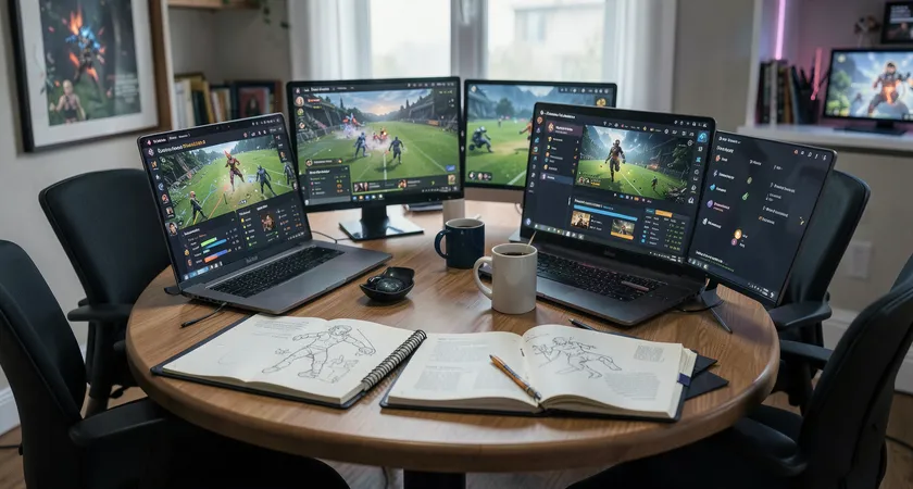 Vista cenital de una mesa de reunión con cinco sillas, cuatro pantallas de portátil encendidas mostrando diferentes estadísticas post-partida de League of Legends, cuadernos abiertos con gráficos dibujados a mano, y dos tazas de café medio vacías, iluminación fría de fluorescentes, ambiente de trabajo concentrado