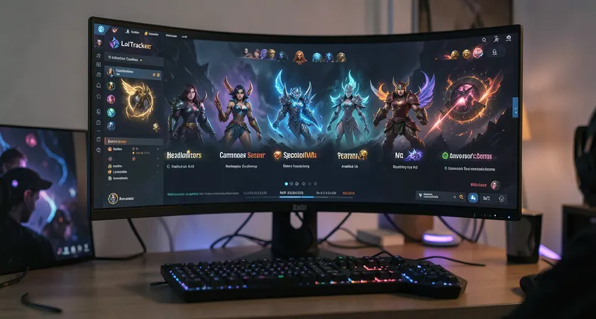 Primer plano de un monitor de gaming curvo mostrando la pantalla de selección de campeones de League of Legends, con cinco nombres de invocador y campeones seleccionados formando una composición reconocible, reflejo tenue de la cara concentrada del jugador en la pantalla, teclado RGB con iluminación azul