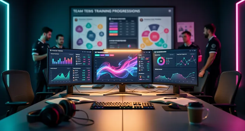 Gros plan sur trois écrans d'ordinateur dans une pièce sombre, chacun affichant un type différent de dashboard LOL. A gauche, un tableau de stats individuelles coloré. Au centre, une carte de Summoner's Rift avec des flèches de rotation. A droite, un graphique en courbes montant les dégâts d'équipe au fil du temps. Ambiance de travail focalisé, lumière bleutée des écrans