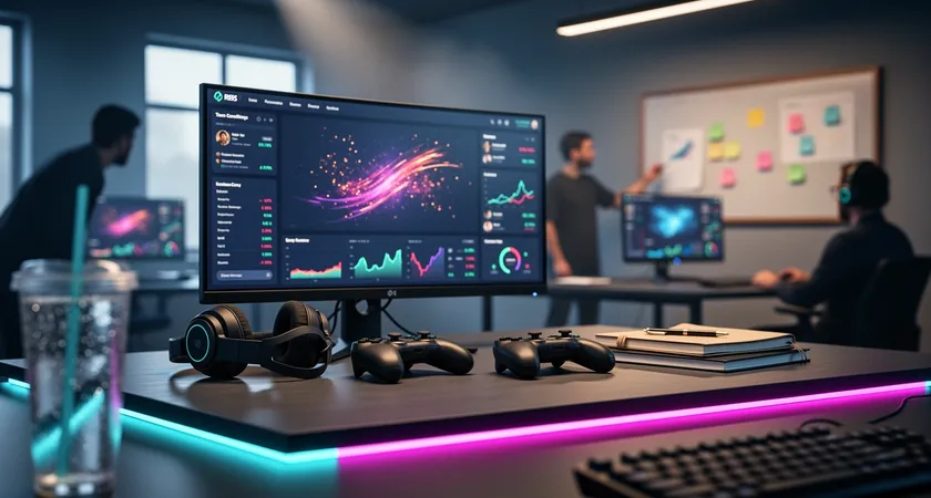 Capture d'écran projetée sur un mur en séance de debrief. On voit la timeline d'une partie de LOL avec des icônes cliquables sur les objectifs et les combats. Un laser rouge pointe sur un fight au Baron. Ambiance de salle de réunion informelle, canapés, lumière tamisée