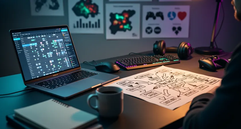 Panoramique sur un bureau en désordre créatif. A gauche, un ordinateur portable ouvert sur un tableur Google complexe et illisible avec des chiffres. A droite, une feuille manuscrite avec des schémas de stratégie et des flèches. Symbolise le passage du travail fastidieux à l'analyse créative