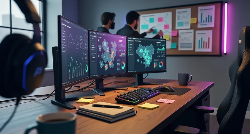 Graphique en courbes ascendantes projeté sur un écran, montrant l'évolution du winrate et de la première tour moyenne sur 6 mois. En surimpression, des photos imprimées de l'équipe à différentes dates, montrant une cohésion croissante. Ambiance d'atelier de progression