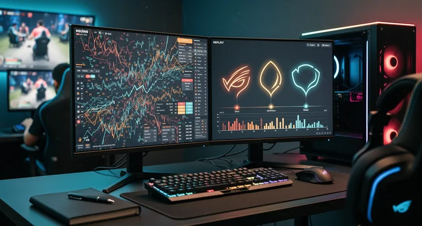Vue split-screen. Côté gauche, un écran rempli de chiffres et de graphiques bruts semblant confus. Côté droit, la même interface avec trois bulles de texte simples et claires pointant sur des moments du replay : "Timing de recall risqué", "Manque de vision ici", "Bon appel de objectif". Lumière claire, mise en scène de la clarification