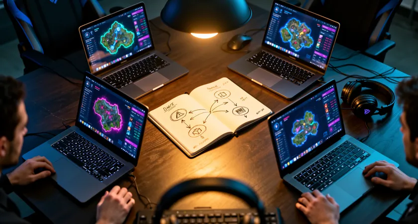 Vista cenital de una mesa de reunión con cinco pantallas de portátiles abiertas mostrando análisis de partidas, diagramas tácticos dibujados en un bloc de notas en el centro, iluminación cálida de una lámpara colgante sobre datos de rendimiento