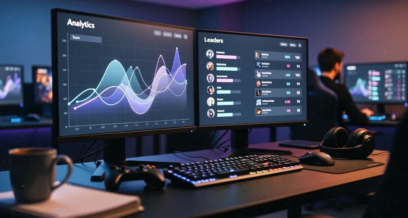 Primer plano de dos monitores, el izquierdo muestra un dashboard con gráficos de rendimiento de un equipo 'Dragonslayer', el derecho una lista de líderes con nombres de usuario y estadísticas resaltadas, ambiente de oficina con luz de neón tenue