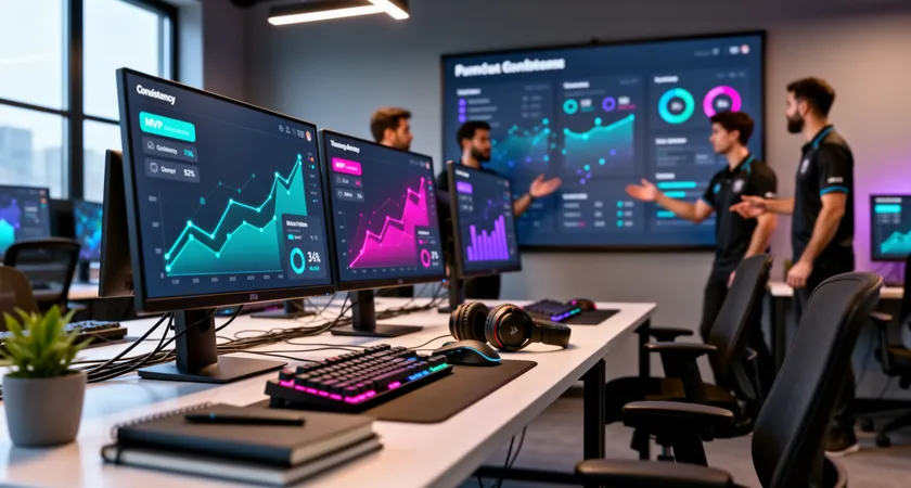 Representación visual de una red neuronal sobre impresión de datos de partida, líneas de conexión brillantes sobre un fondo oscuro, símbolos de League of Legends como iconos de campeones integrados en el diseño, iluminación azul tecnológica