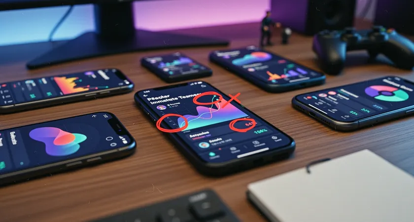 Collage de pantallazos de móvil mostrando varias apps de trackers LoL, una anotada con círculos rojos señalando ausencia de métricas de equipo, iluminación desigual de pantalla sobre un escritorio de madera