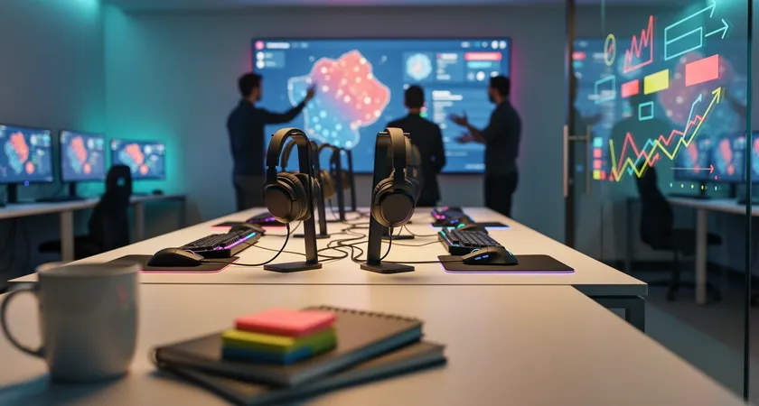 Sesión de equipo en una sala de estar informal, una persona señala un gráfico de tendencias proyectado en una TV, otros miembros miran atentamente con portátiles en el regazo, ambiente cálido y colaborativo