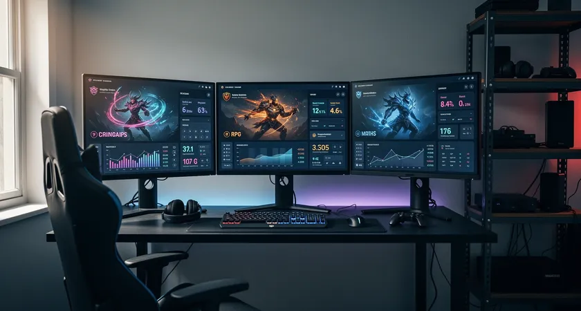 모니터 세 개가 나란히 놓인 책상, 각 화면에는 다른 디자인의 LoL 매치 분석 대시보드가 열려 있으나 핵심 수치들이 유사하게 표시됨, 창문으로 들어오는 자연광, 검정색 책상과 메탈 선반, 깔끔한 작업 환경