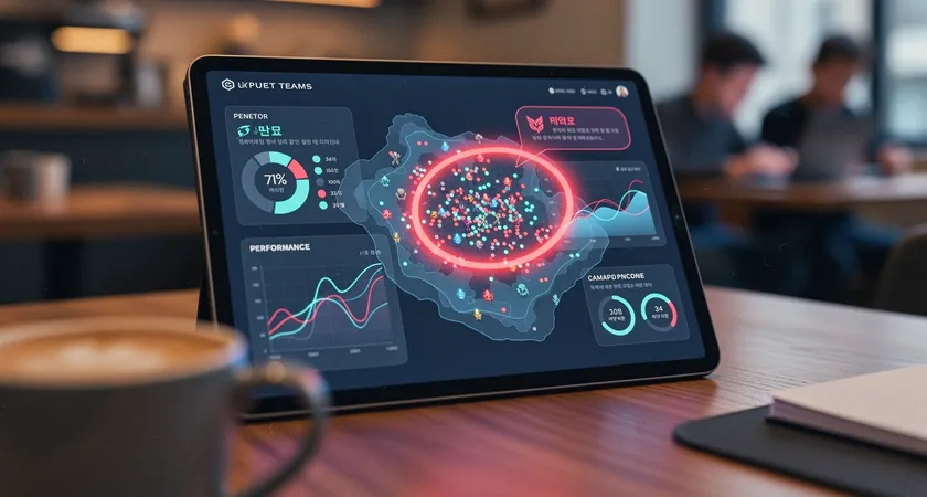태블릿 화면 클로즈업, LoL 미니맵과 차트가 있는 AI 분석 리포트가 표시되어 있으며, 특정 교전 구간이 빨간색 원으로 강조되고 옆에는 '교전 전 시야 부재'라는 코멘트가 있음, 부드러운 필터링된 조명, 카페 분위기