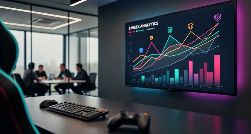 벽에 걸린 대형 모니터, 다채로운 선 그래프와 막대 그래프로 팀의 8주간 성장 추이(승률, 오브젝트 통제율 등)를 보여주며, 각 그래프 핀附近에 상대 팀 평균 티어 작은 라벨이 붙어 있음, 모던한 회의실 배경