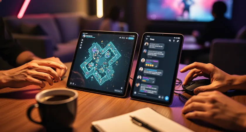 여러 명의 손과 태블릿이 포커스된 샷, 한 태블릿에는 LoL 미니맵에 여러 색깔의 핀이 꽂혀 있고, 다른 태블릿에는 해당 구간의 코멘트 스레드가 열려 있음, 따뜻한 조명의 라운지 테이블, 커피잔과 노트 옆에 있음