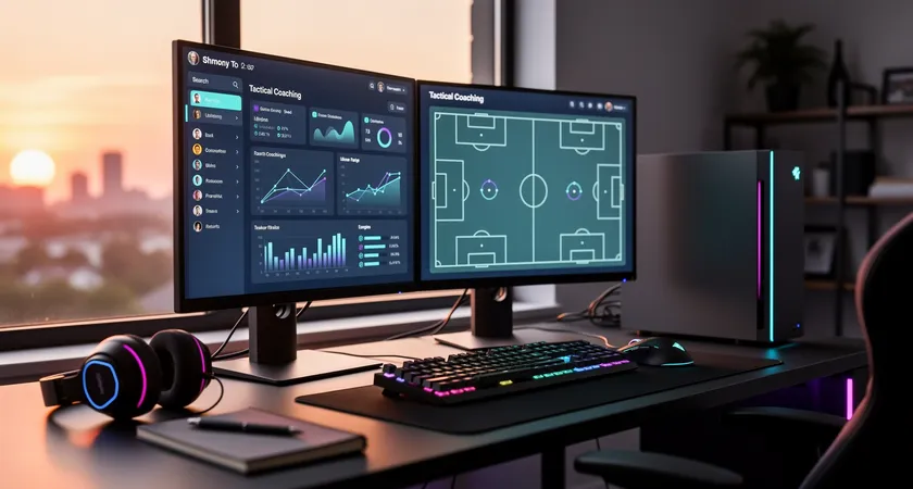 창가에 놓인 데스크탑 세팅, 한 모니터에는 복잡한 팀 트래커 대시보드가, 다른 모니터에는 전술 보드에 그림이 그려진 코칭 문서가 열려 있음, 두 세계의 대비를 보여줌, 해가 지는 황금빛 실루엣 조명