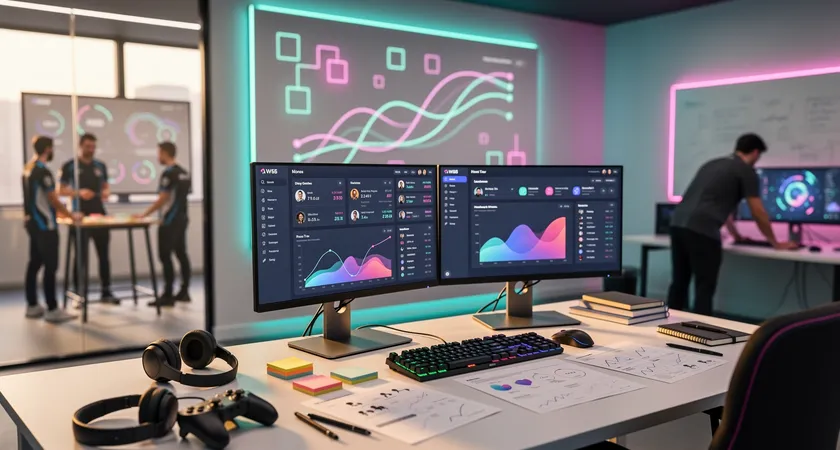 Vue serree en contre-plongee sur la table de coordination d'une equipe esport amet pendant une session. Cinq ecrans de jeux allumes, un sixieme affichant des donnees et des graphiques, des notes manuscrites sur un bloc, une lumiere bleutee d'ecran dominant la piece