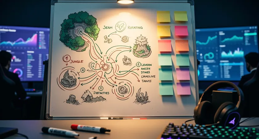 Gros plan sur un tableau blanc, eclairé par un spot halogene chaud. Des schemas de jungle routing, des fleches de rotations d'objectifs et des photos de composition d'equipe sont dessines au feutre, avec des post-it aux codes couleur organises sur le cote